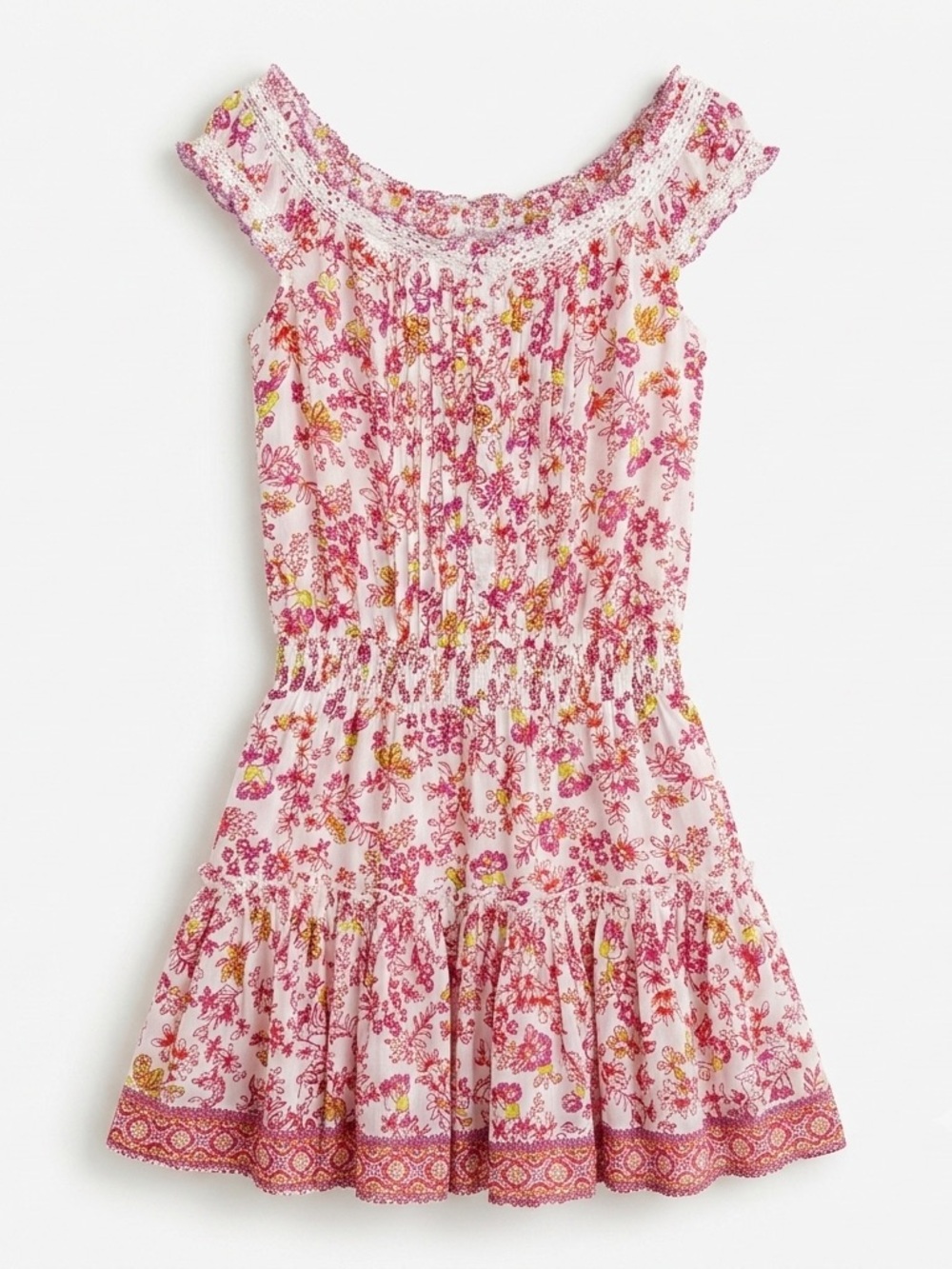 Poupette St Barth Pink Floral Smocked Drop Waist Off Shoulder Mini Dress Boho M
